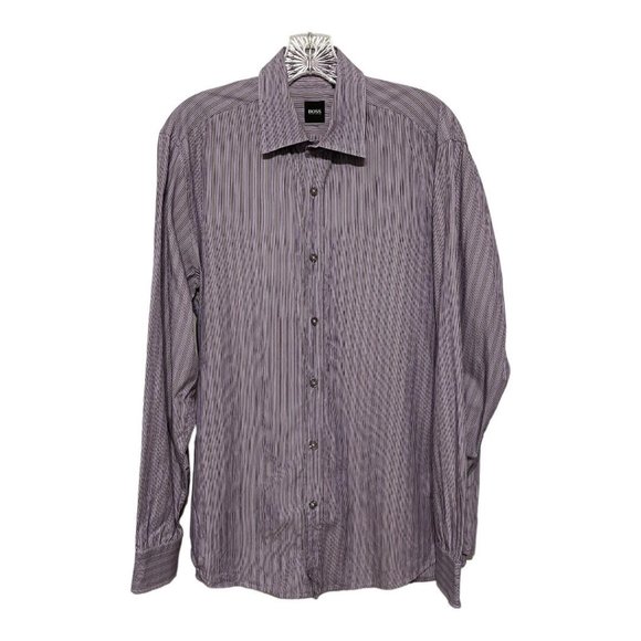 Hugo Boss Purple Grey Striped Long Sleeve Button Down Shirt - Picture 2 of 7
